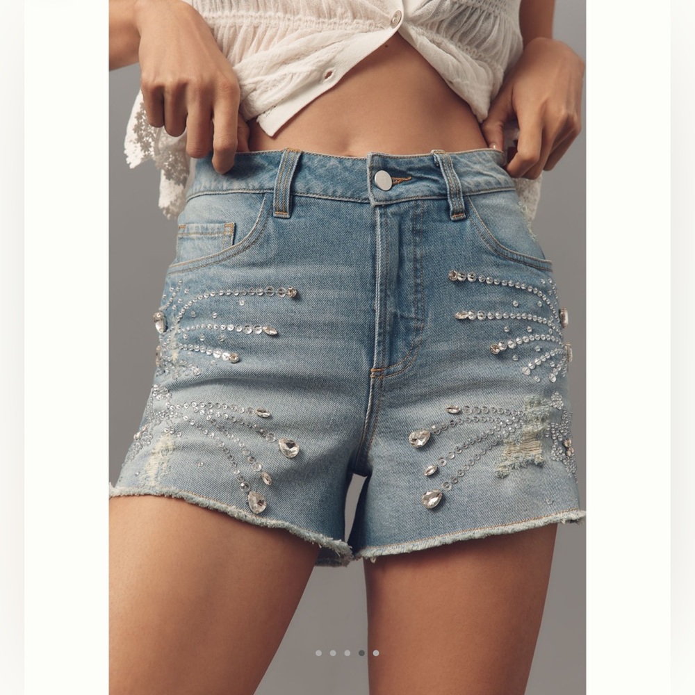 Anthroplogie Embellished Jewel-Encrusted Jean Shorts Pilcro Light Denim NEW 26